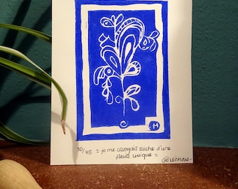 I thought I was rich with a unique flower - Klein blue handmade linocut