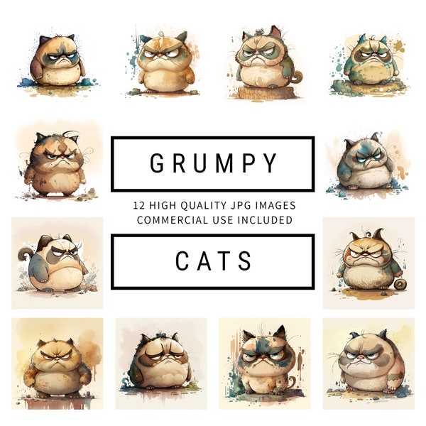 Grumpy Cat Clipart - 12 High Quality JPGs - Digital Planner, Junk Journaling, Watercolor Art, Wall Art, Commercial Use - Digital Download