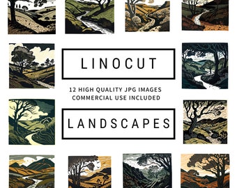 Linocut Landscapes Clipart - 12 High Quality JPGs, Digital Planner, Junk Journaling, Scrapbooks, Wall Art, Commercial Use, Digital Download