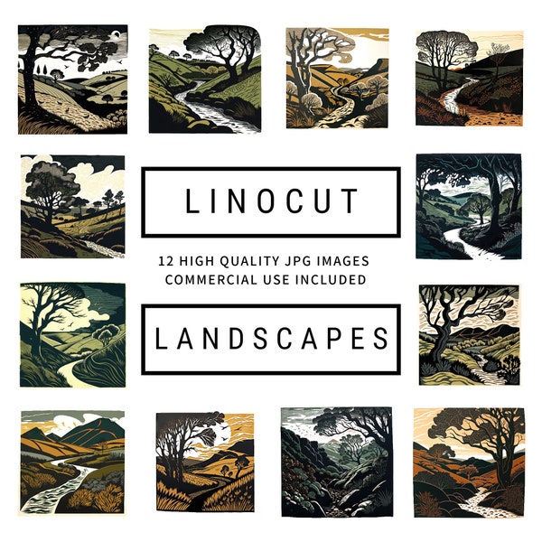 Linocut Landscapes Clipart - 12 High Quality JPGs, Digital Planner, Junk Journaling, Scrapbooks, Wall Art, Commercial Use, Digital Download