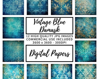 Vintage Blue Damask 12 x 12 Digital Paper Pack, Carta Scrapbook, Riviste, Carta di supporto, Sublimazione, Creazione di carte, Artigianato, Download digitale