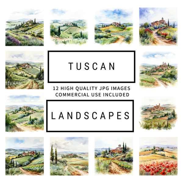Tuscan Landscapes Clipart - 12 High Quality JPGs, Memory Books, Junk Journals, Digital Planners, Cards, Commercial Use, Digital Download