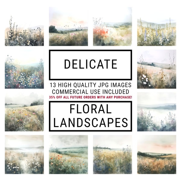 Delicate Floral Landscapes Clipart - 13 High Quality JPGs, Digital Planners, Junk Journals, Memory Books, Scrapbooks, Craft, Cards, Download