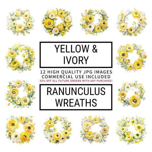 Yellow & Ivory Ranunculus Wreath Clipart - 12 High Quality JPGs, Digital Planners, Junk Journals, Memory Books, Scrapbooks, Cards, Download