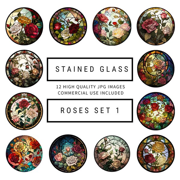 Stained Glass Roses Clipart - 12 High Quality JPGs - Digital Planner, Junk Journals, Apparel, Wall Art, Commercial Use - Digital Download