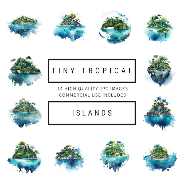 Tiny Tropical Island Clipart - 12 High Quality JPGs - Junk Journals, Mixed Media, Digital Paper Craft, Holiday Clipart, Digital Download