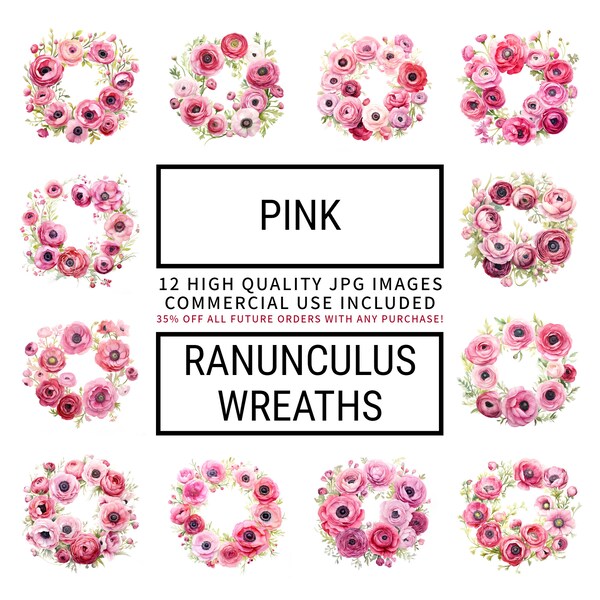Pink Ranunculus Wreath Clipart - 12 High Quality JPGs, Digital Planners, Junk Journals, Memory Books, Scrapbooks, Greetings Cards, Download