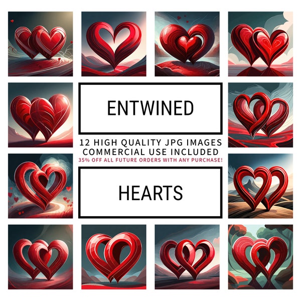 Entwined Hearts Clipart. 12 High Quality JPGs for Digital Planners, Scrapbooking, Junk Journals. Valentines Day. Instant Digital Download.