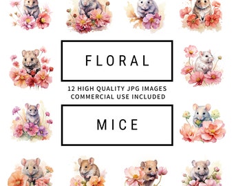 Floral Mice Clipart - 12 High Quality JPGs, Scrapbooks, Memory Books, Junk Journals, Planners, Crafting, Commercial Use, Digital Download