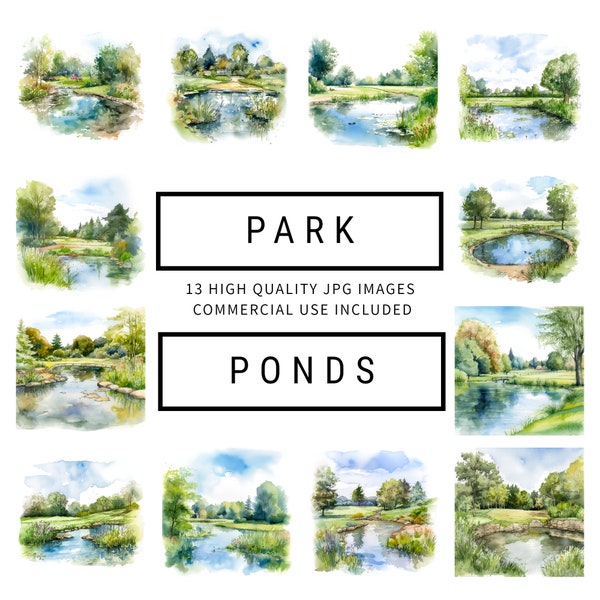Park Ponds Clipart - 13 High Quality JPGs - Digital Planner, Junk Journals, Wall Art, Apparel, Commercial Use - Digital Download