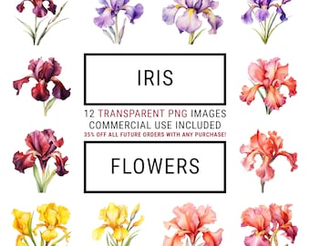 Iris Flower Clipart - 12 Transparent PNGs, Digital Planners, Junk Journals, Memory Books, Scrapbooks, Greetings Card, Digital Download