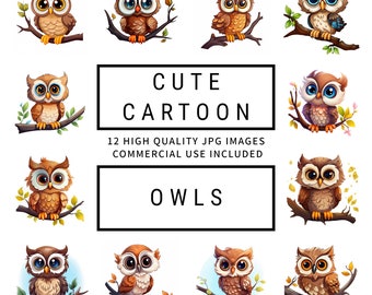 Cute Cartoon Owls Clipart - 12 High Quality JPGs, Memory Books, Junk Journals, Scrapbooking, Planners, Commercial Use, Digital Download