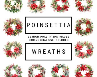 Poinsettia Wreath Clipart - 12 High Quality JPGs, Memory Book, Junk Journals, Scrapbooks, Digital Planners, Commercial Use, Digital Download