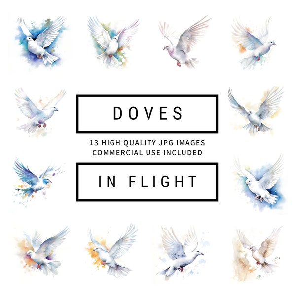 Doves In Flight Clipart - 13 High Quality JPGs - Digital Planner, Journals, Watercolor Art, Wall Art, Commercial Use - Digital Download