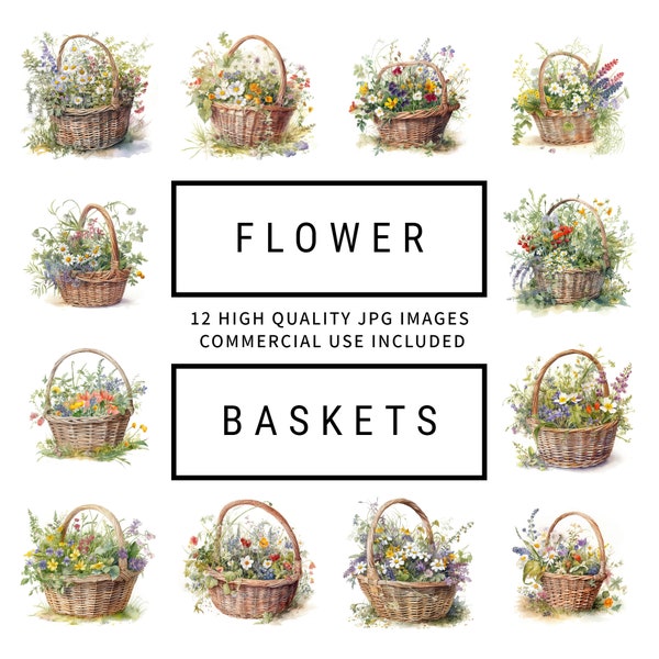 Flower Baskets - 12 High Quality JPGs - Digital Planners, Junk Journals, Watercolor, Wall Art, Apparel, Commercial Use, Digital Download