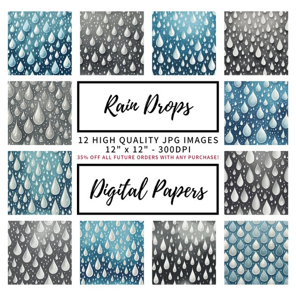 Set of 12 Rain Drops 12 x 12 Digital Paper Pack, Mixed Media, Scrapbooks, Junk Journals, Memory Books, Backing Papers, Instant Download