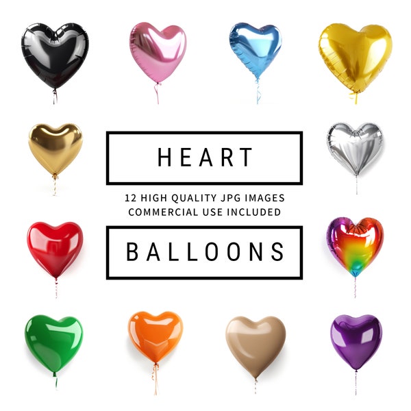 Heart Balloons Clipart  - 12 High Quality JPGs - Junk Journals, Digital Planners, Invitiations, Cards, Commercial Use, Digital Download