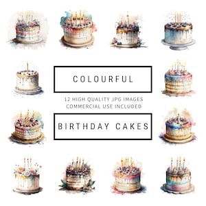 Colourful Birthday Cake Clipart - 12 High Quality JPGs - Digital Planner, Junk Journaling, Watercolor, Commercial Use - Digital Download