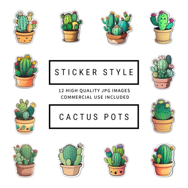 Cactus Sticker Style Clipart  - 12 High Quality JPGs - Digital Planners, Junk Journals, Scrapbooking, Commercial Use, Digital Download