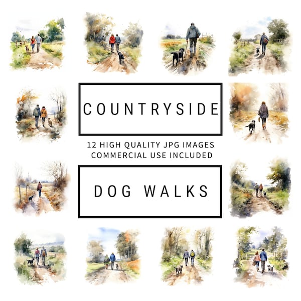 Platteland Dog Walk Clipart - 12 hoogwaardige JPG's, digitale planners, ongewenste tijdschriften, scrapbooking, commercieel gebruik, digitale download