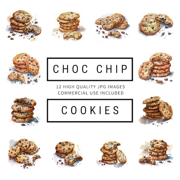 Choc Chip Cookies Clipart - 12 High Quality JPGs - Card Making, Mixed Media, Junk Journaling, Digital Planners, Instant Digital Download