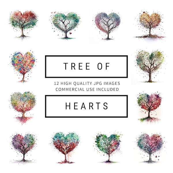 Tree of Hearts Clipart - 12 High Quality JPGs - Digital Planner, Journaling, Watercolor, Wall Art, Commercial Use - Digital Download