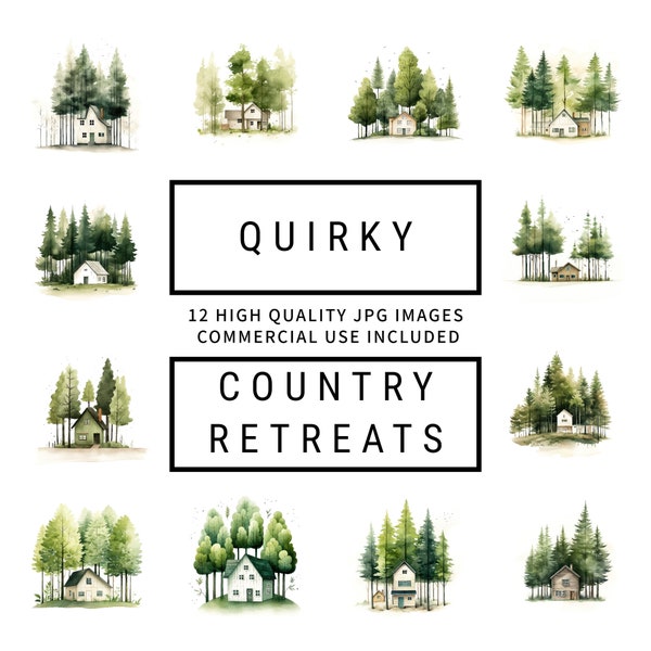 Quirky Country Retreats Clipart - 12 High Quality JPGs, Memory Book, Junk Journal, Scrapbook, Planners, Commercial Use, Digital Download