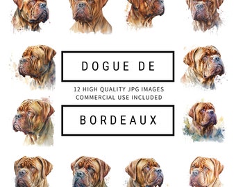 Dogue de Bordeaux Clipart - 12 High Quality JPGs - Digital Planner, Junk Journaling, Watercolor, Wall Art, Commercial Use, Digital Download