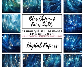 Blue Chiffon & Fairy Lights 12 x 12 Digital Paper Pack, Scrapbook, Journal, Backing Paper, Sublimation, Card Making, Craft, Digital Download