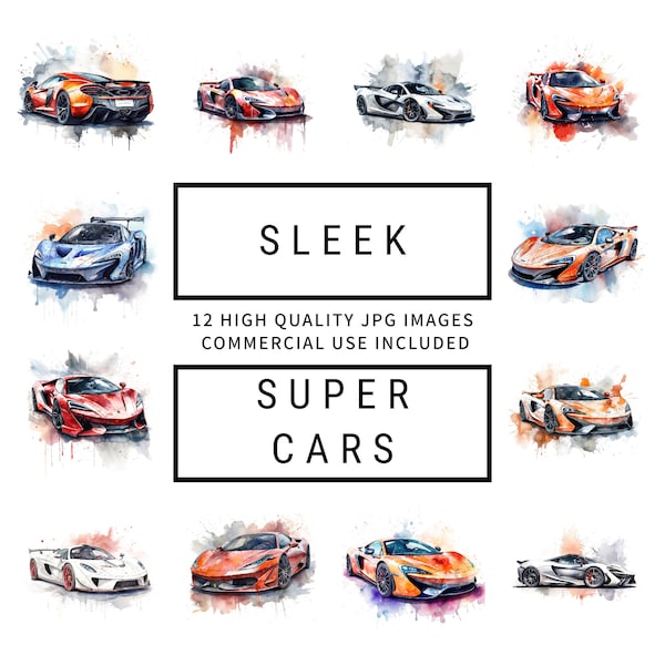 Sleek Supercars Clipart - 12 High Quality JPGs, Scrapbooking, Junk Journals, Planners, Sublimation, Wall Art, Commercial Use, Download