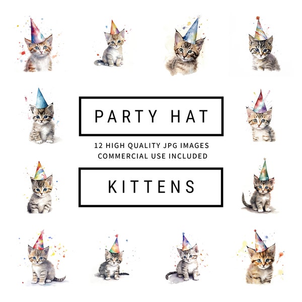 Party Hat Kitten Clipart - 12 High Quality JPGs - Digital Planner, Journaling, Watercolor, Wall Art, Commercial Use - Digital Download