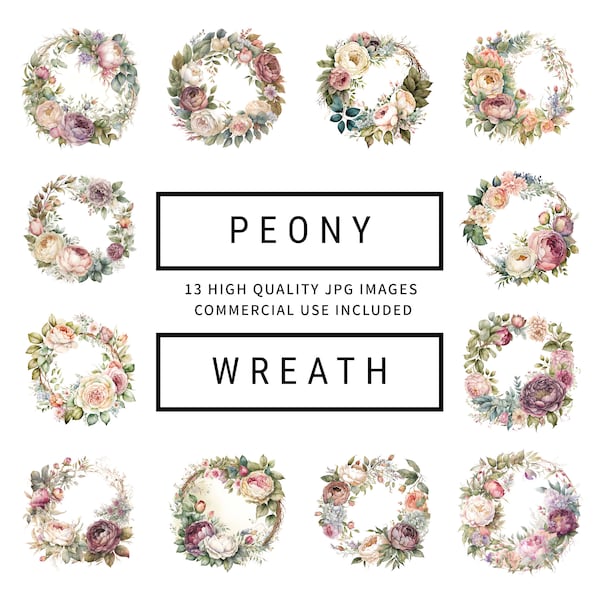 Peony Wreath Clipart - 13 High Quality JPGs - Digital Planners, Junk Journals, Watercolor, Wall Art, Commercial Use - Digital Download