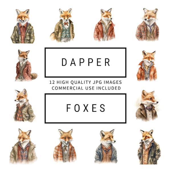 Dapper Foxes - 12 High Quality JPGs - Junk Journals, Digital Planners, Commercial Use, Wall Art, Scrapbooking, Instant Digital Download