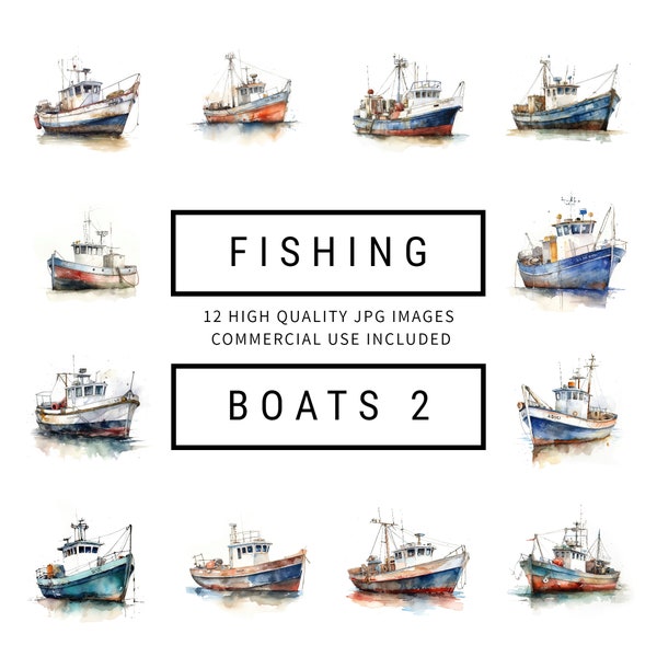 Fishing Boat Clipart  (Set 2) - 12 High Quality JPGs - Digital Download - Card Making, Mixed Media, Digital Paper Craft