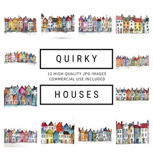 Quirky Houses Clipart - 12 High Quality JPGs - Digital Planner, Junk Journals, Wall Art, Apparel, Commercial Use - Digital Download