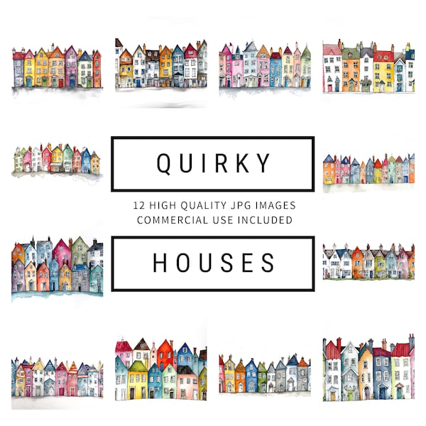 Quirky Houses Clipart - 12 High Quality JPGs - Digital Planner, Junk Journals, Wall Art, Apparel, Commercial Use - Digital Download