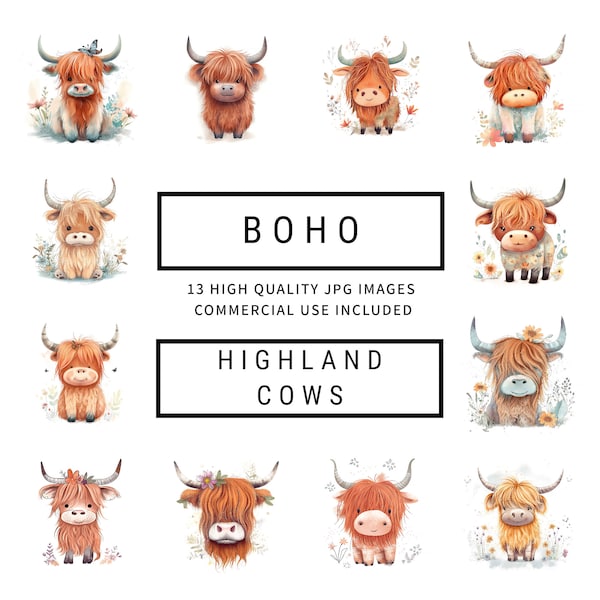 Boho Highland Cows - 13 High Quality JPGs - Cute Clipart, Apparel, Invitations, Digital Planners, Junk Journals, Instant Digital Download