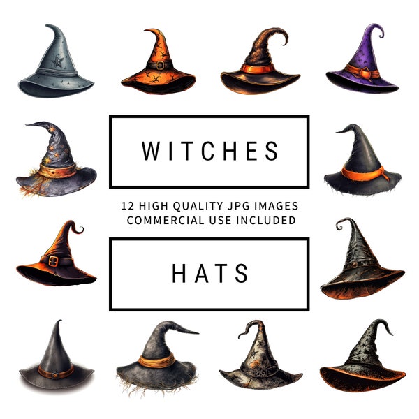 Spooky Witches Hats - 12 High Quality JPGs - Halloween, Digital Planners, Junk Journals, Invitations, Commercial Use, Digital Download