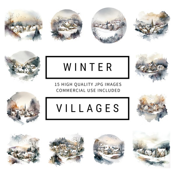 Winter Villages Clipart - 15 High Quality JPGs - Digital Planner, Junk Journaling, Watercolor, Wall Art, Commercial Use - Digital Download