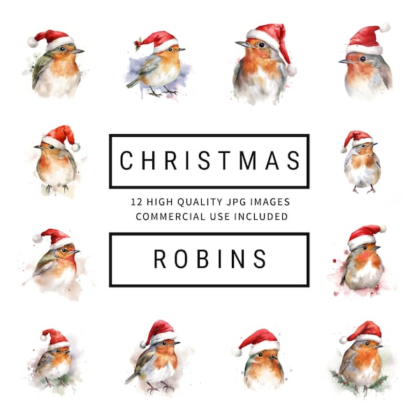 Christmas Robins  - 12 High Quality JPGs - Greetings Cards, Digital Planners, Junk Journals, Apparel, Commercial Licence, Digital Download