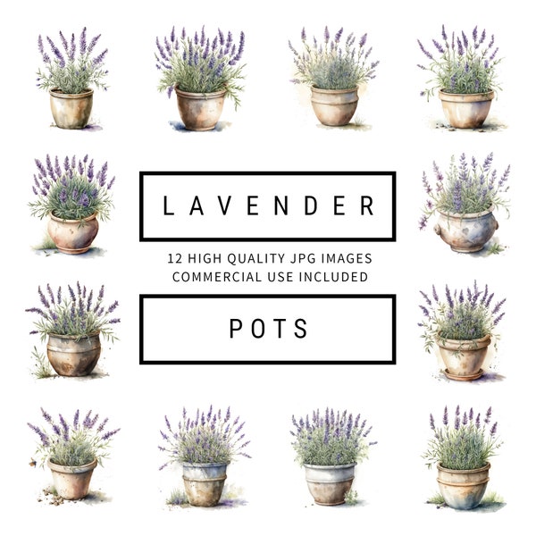 Lavender Pots Clipart - 12 High Quality JPGs - Digital Planner, Junk Journals, Watercolor, Wall Art, Commercial Use - Digital Download