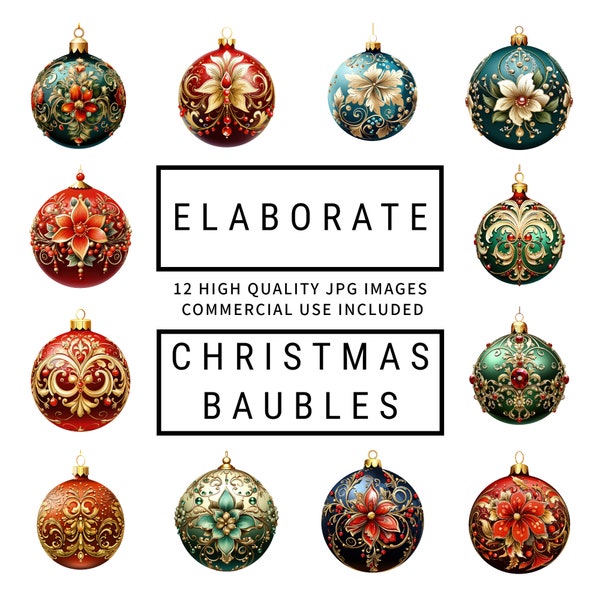 Elaborate Christmas Baubles Clipart - 12 High Quality JPGs, Memory Books, Junk Journals, Scrapbooks, Planners, Commercial Use, Download