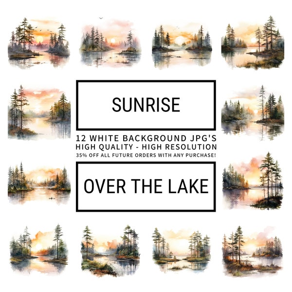 Sunrise Over The Lake Clipart - 12 High Quality JPGs, Cards, Junk Journal, Scrapbooks, Digital Planner, Commercial Use, Digital Download