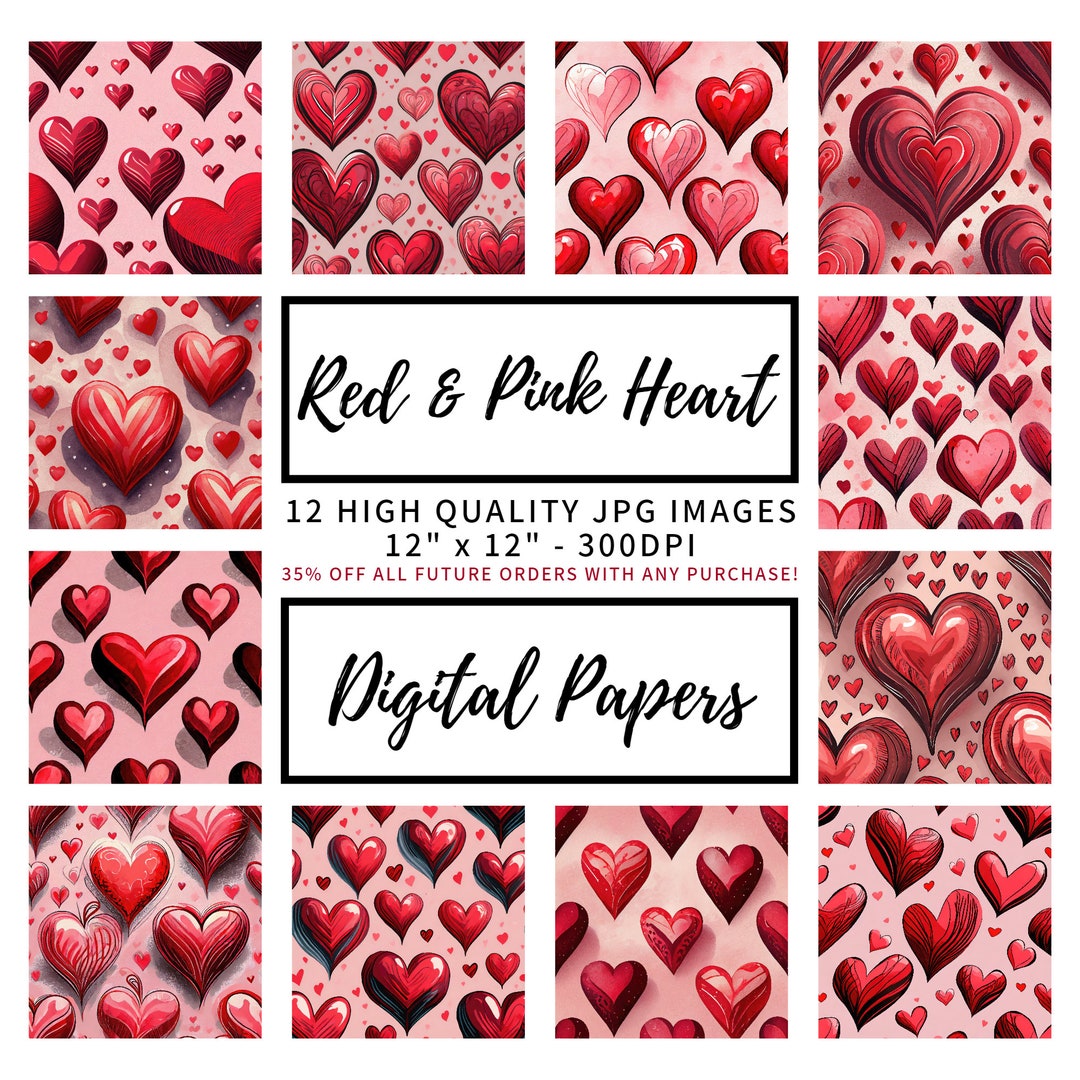 Red and Pink Heart 12 x 12 Digital Papers for Scrapbooking, Junk ...