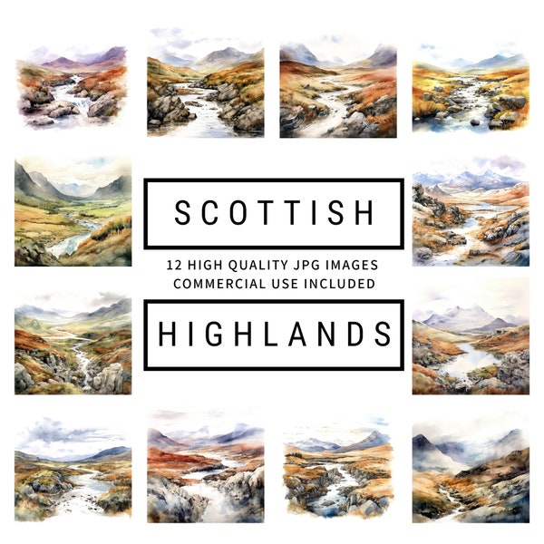 Scottish Highlands Clipart - 12 High Quality JPGs, Digital Planners, Junk Journals, Scrapbooking, Wall Art, Commercial Use, Digital Download