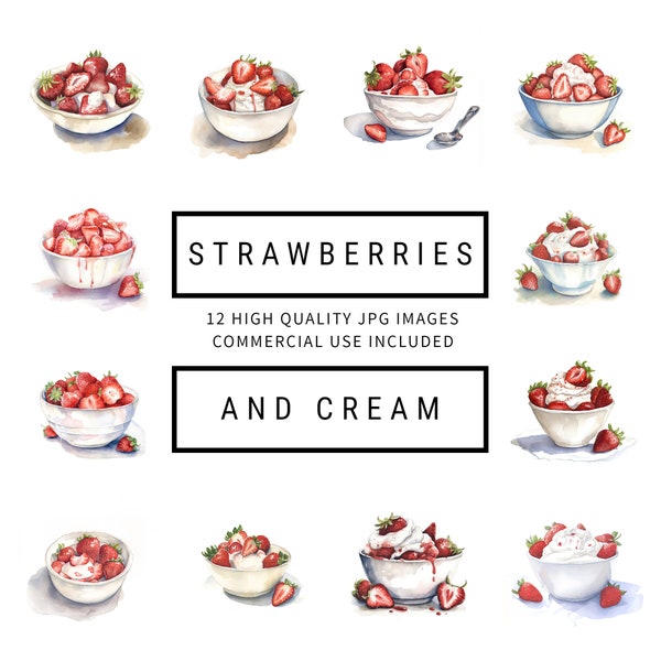 Strawberries and Cream Clipart - 12 High Quality JPGs - Junk Journals, Digital Planners, Invitations, Commercial Use, Digital Download