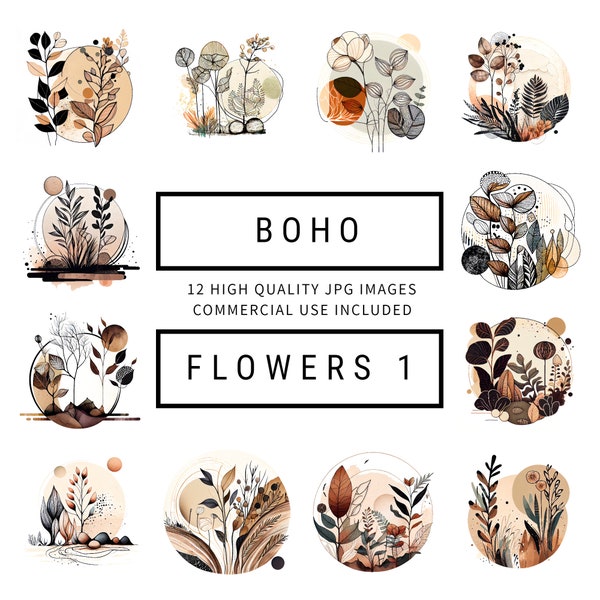 Boho Flowers Clipart - 12 High Quality JPGs - Digital Planner, Junk Journaling, Watercolor, Wall Art, Commercial Use - Digital Download