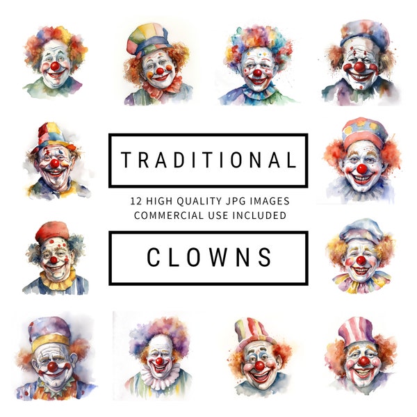 Traditional Clowns Clipart - 12 High Quality JPGs - Junk Journals, Digital Planners, Apparel, Wall Art, Commercial Use, Digital Download
