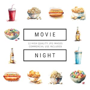 Movie Night Clipart - 12 High Quality JPGs - Digital Planner, Junk Journaling, Watercolor, Wall Art, Commercial Use - Digital Download