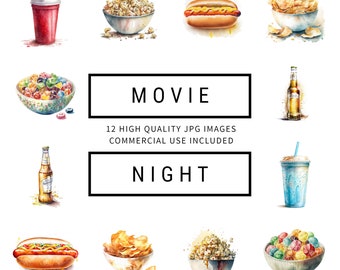 Movie Night Clipart - 12 High Quality JPGs - Digital Planner, Junk Journaling, Watercolor, Wall Art, Commercial Use - Digital Download